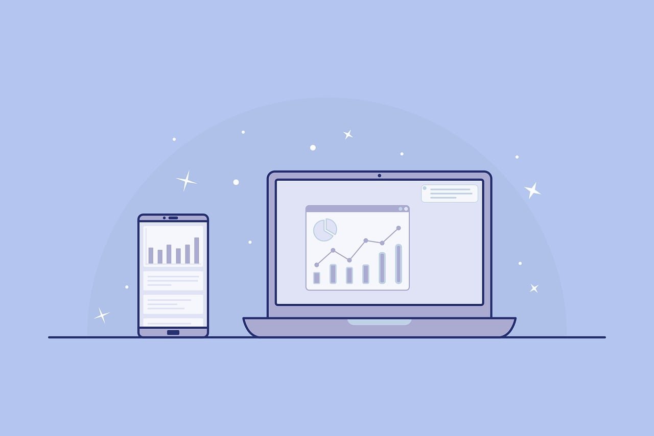 Ilustração em tons de lilás e azul de um notebook e um celular lado a lado, com as duas telas mostrando gráficos de barras e de linha numa interface simples e pequenas estrelas brancas ao fundo