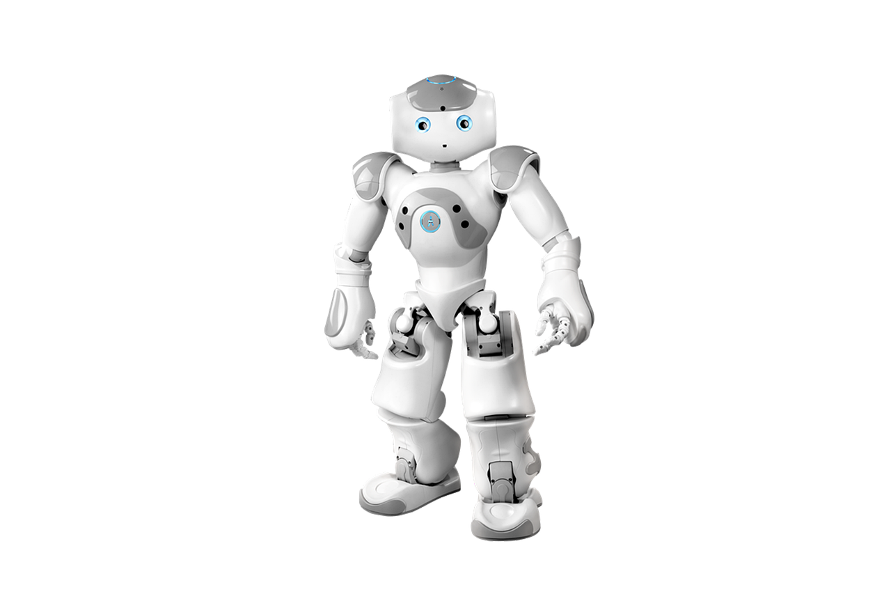 Ilustração 3D de um robô humanoide branco e cinza, de pé, com olhos azuis luminosos, sobre fundo branco