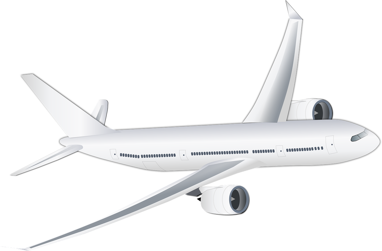 Ilustração de um avião comercial branco de dois motores em voo, sobre fundo branco.
