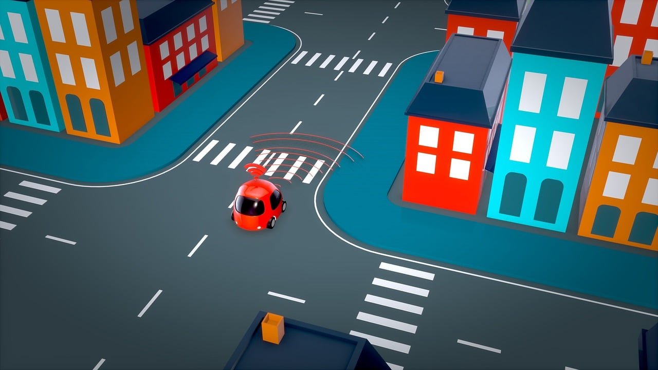 Ilustração 3D de um carro autônomo vermelho, sem motorista visível, cruzando uma faixa de pedestres numa esquina de cidade com sinais de sensor ao redor.