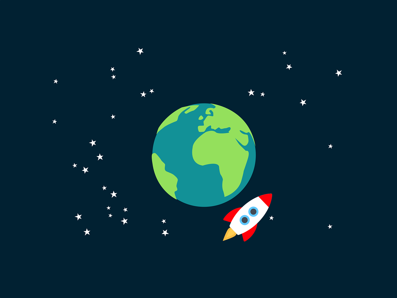 Ilustração estilizada da Terra vista do espaço, com um foguete branco e vermelho voando ao lado do planeta sobre um fundo azul-escuro cheio de estrelas