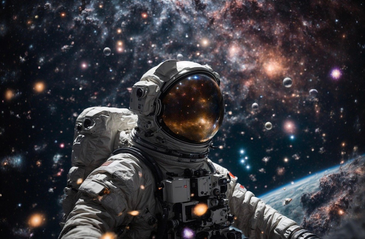 Ilustração de um astronauta em traje espacial com estrelas e planetas refletidos no visor do capacete