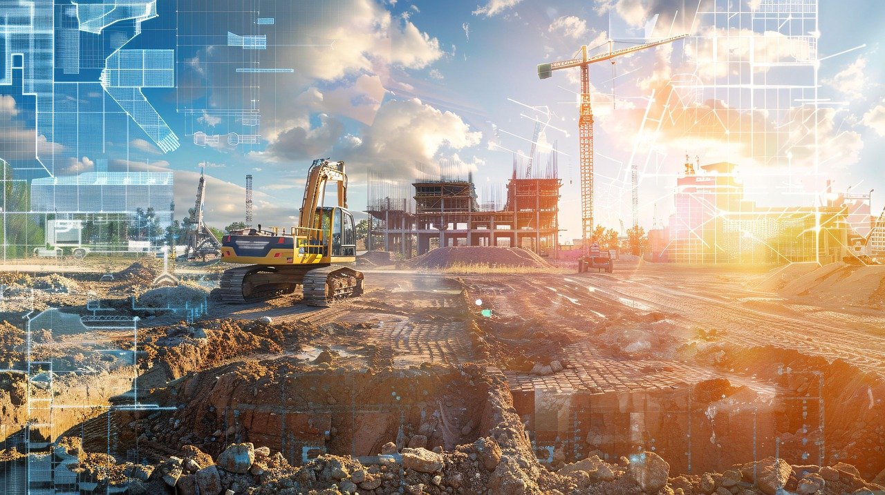 Ilustração de um canteiro de obras ao pôr do sol, com uma escavadeira amarela, um guindaste e prédios em construção, cobertos por linhas de plantas e desenhos técnicos digitais.