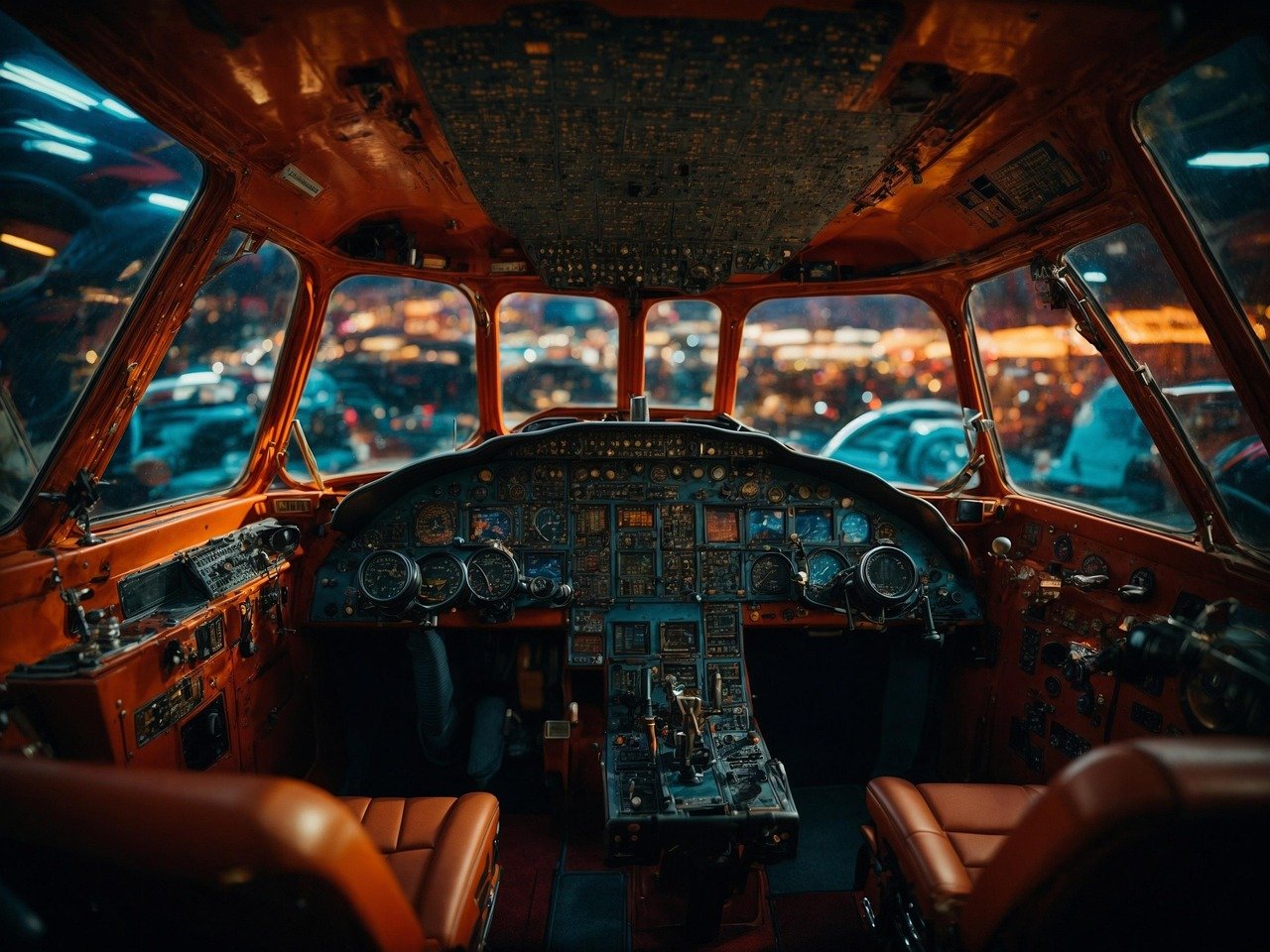 Ilustração da cabine de comando de um avião, com painel de instrumentos, manetes e dois assentos de couro laranja, diante de janelas com luzes desfocadas.