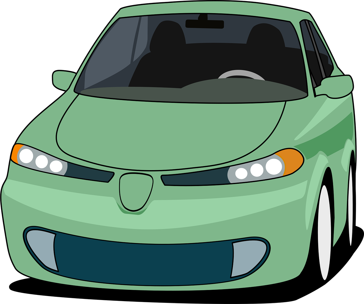 Ilustração de um carro verde visto de frente, em traço de desenho, sobre fundo branco