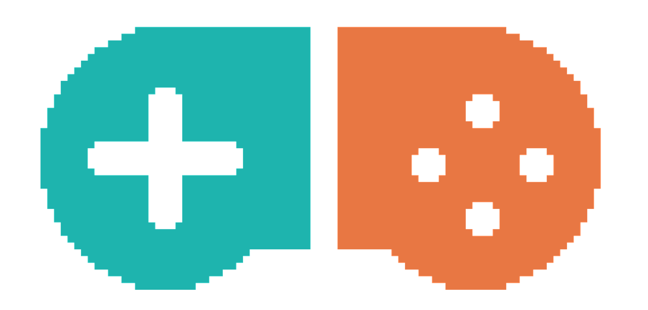 Ilustração em pixel art de um controle de videogame dividido em duas metades, uma verde-azulada com a cruz direcional e outra laranja com quatro botões, sobre fundo branco.