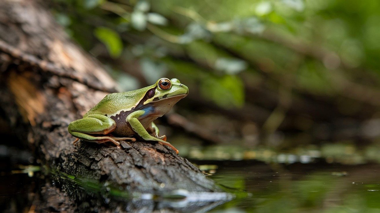 Ilustração de uma rã verde, de barriga clara, pousada num tronco caído à beira de uma água parada, com a mata desfocada ao fundo
