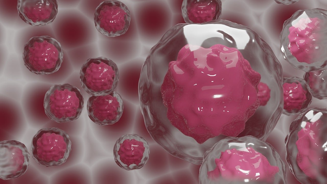 Ilustração 3D de células biológicas em tons de rosa e branco
