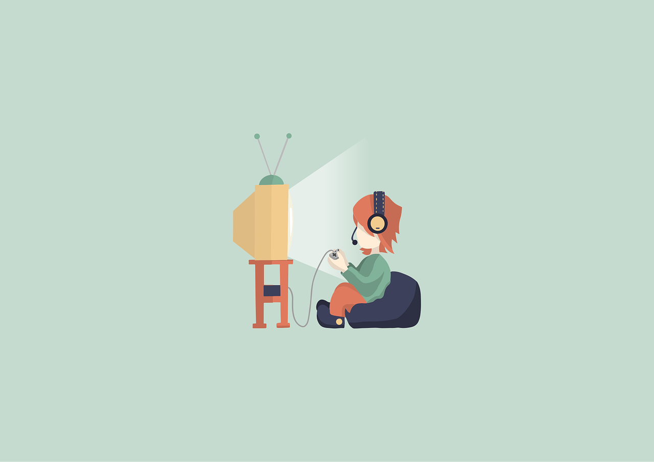 Ilustração de uma pessoa de fones de ouvido sentada no chão, jogando videogame com um controle ligado a uma televisão antiga sobre uma mesinha