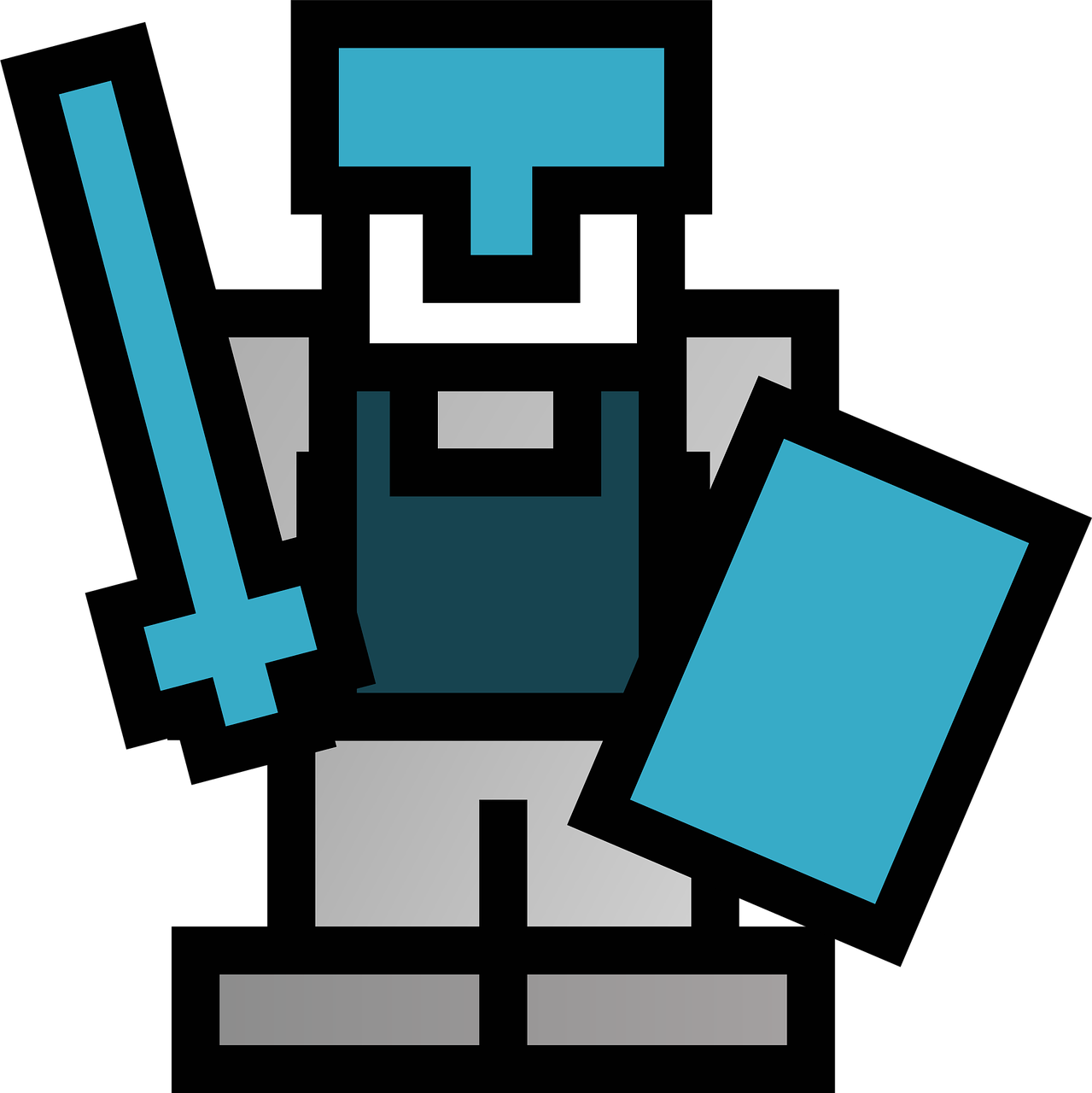 Desenho em estilo de pixels de um cavaleiro de capacete azul, com espada erguida na mão direita e escudo azul na esquerda