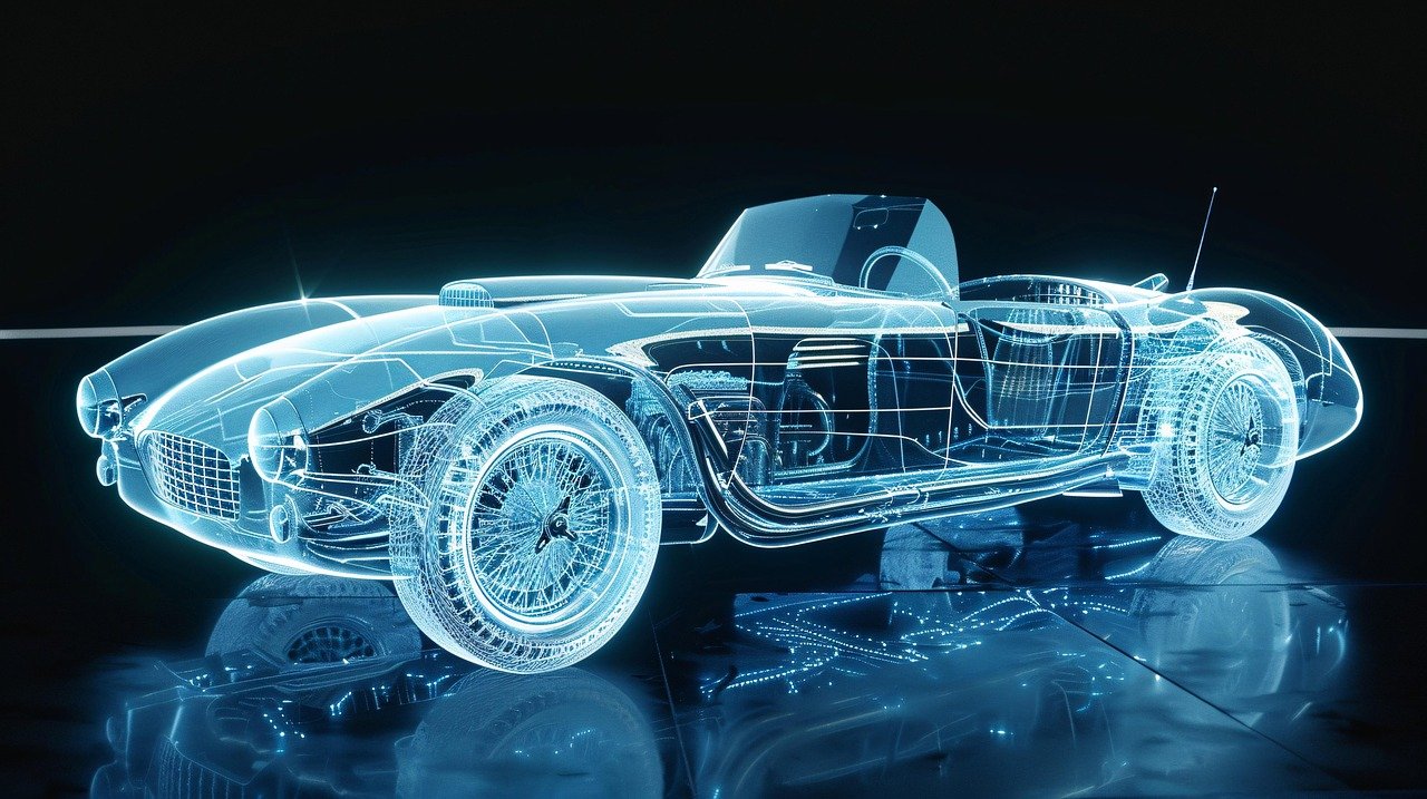 Ilustração de um carro conversível em linhas azuis brilhantes, como um holograma de projeto, que deixa ver rodas, bancos e estrutura por dentro, sobre fundo escuro