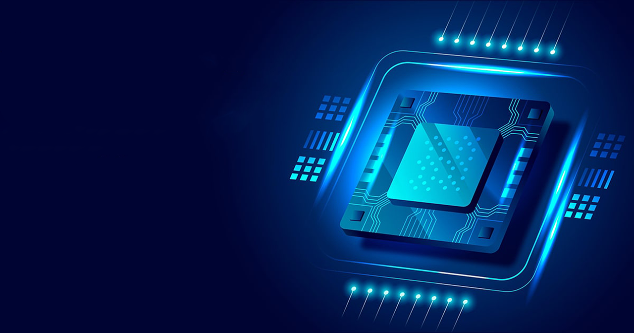 Ilustração de um chip quadrado em tons de azul, com luzes e linhas brilhantes saindo das laterais, sobre fundo escuro