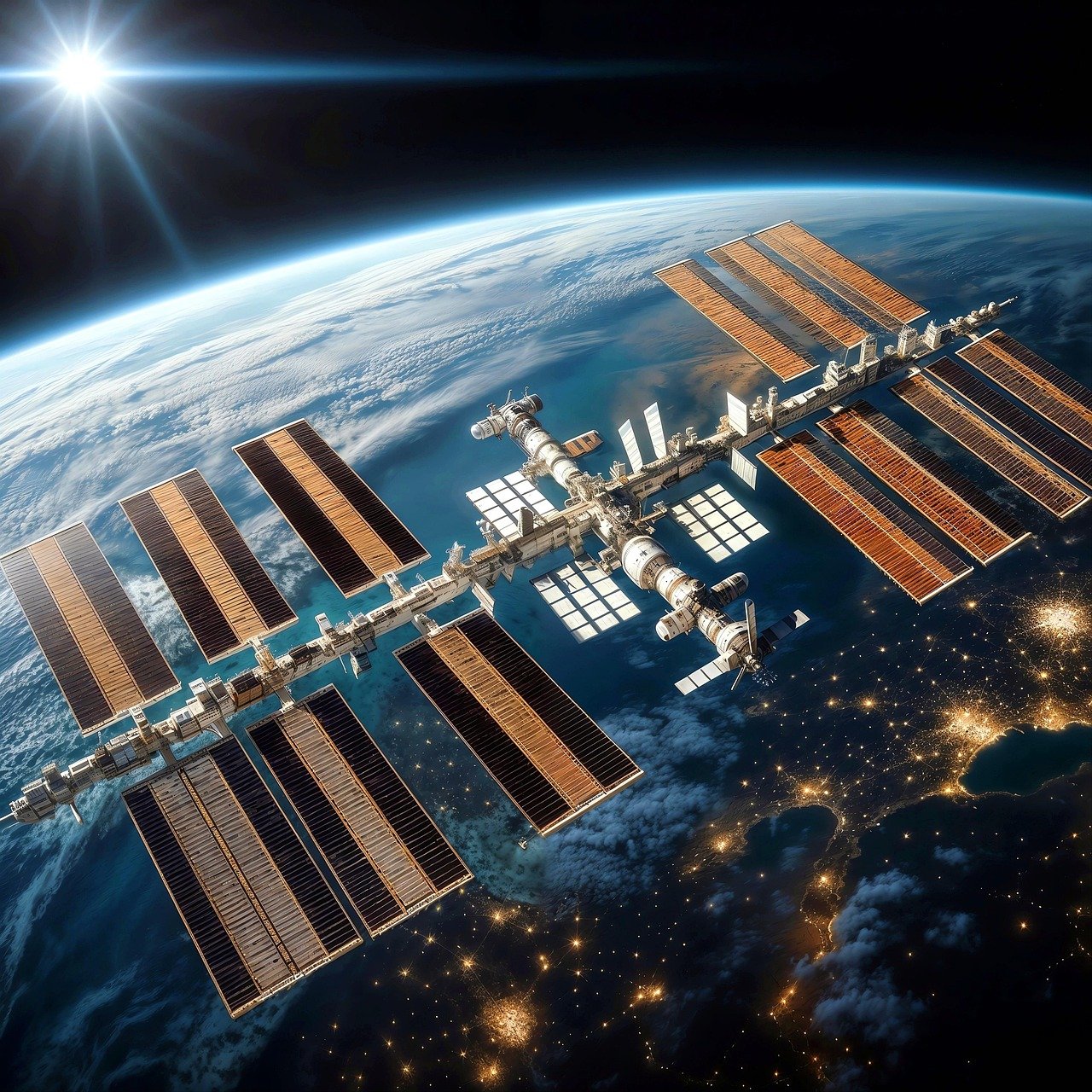 A Estação Espacial Internacional em órbita sobre a Terra, com os painéis solares abertos e as luzes das cidades ao fundo