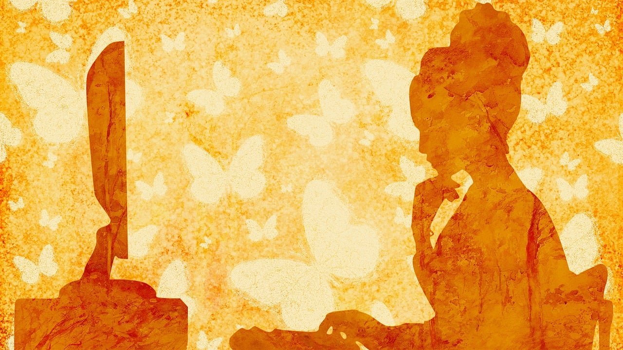 Ilustração em tons de laranja com a silhueta de uma mulher sentada diante de um monitor de computador, com a mão no queixo e borboletas claras ao fundo