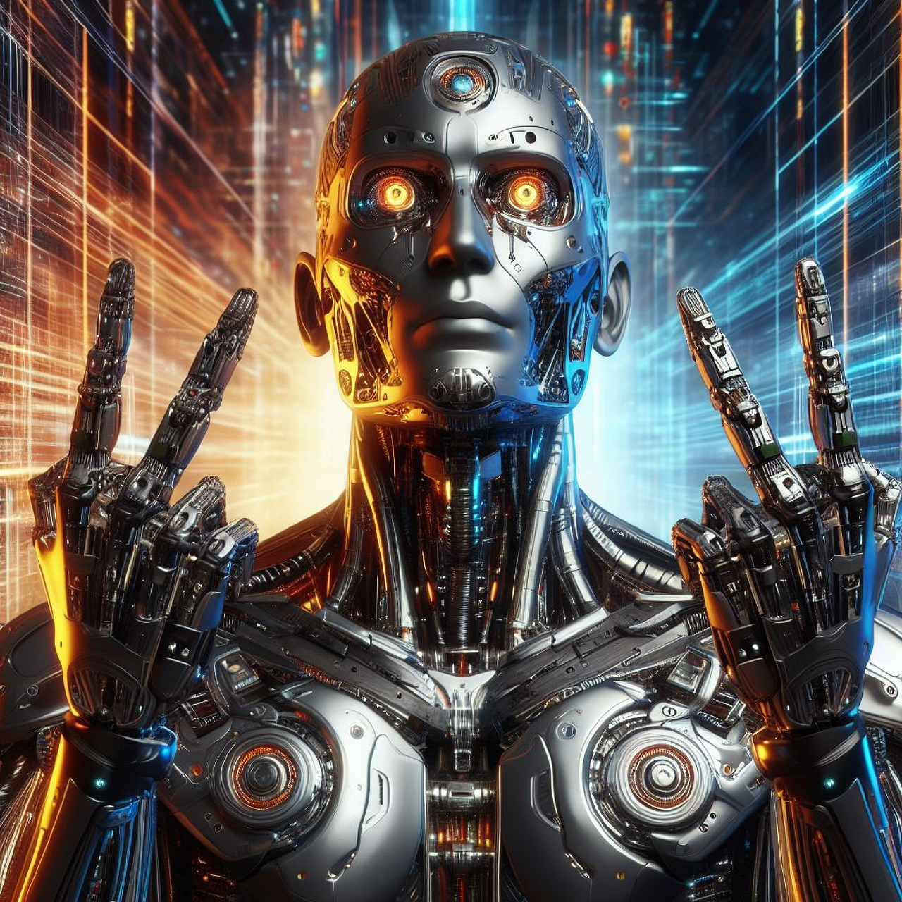 Ilustração de um rosto robótico futurista representando inteligência artificial