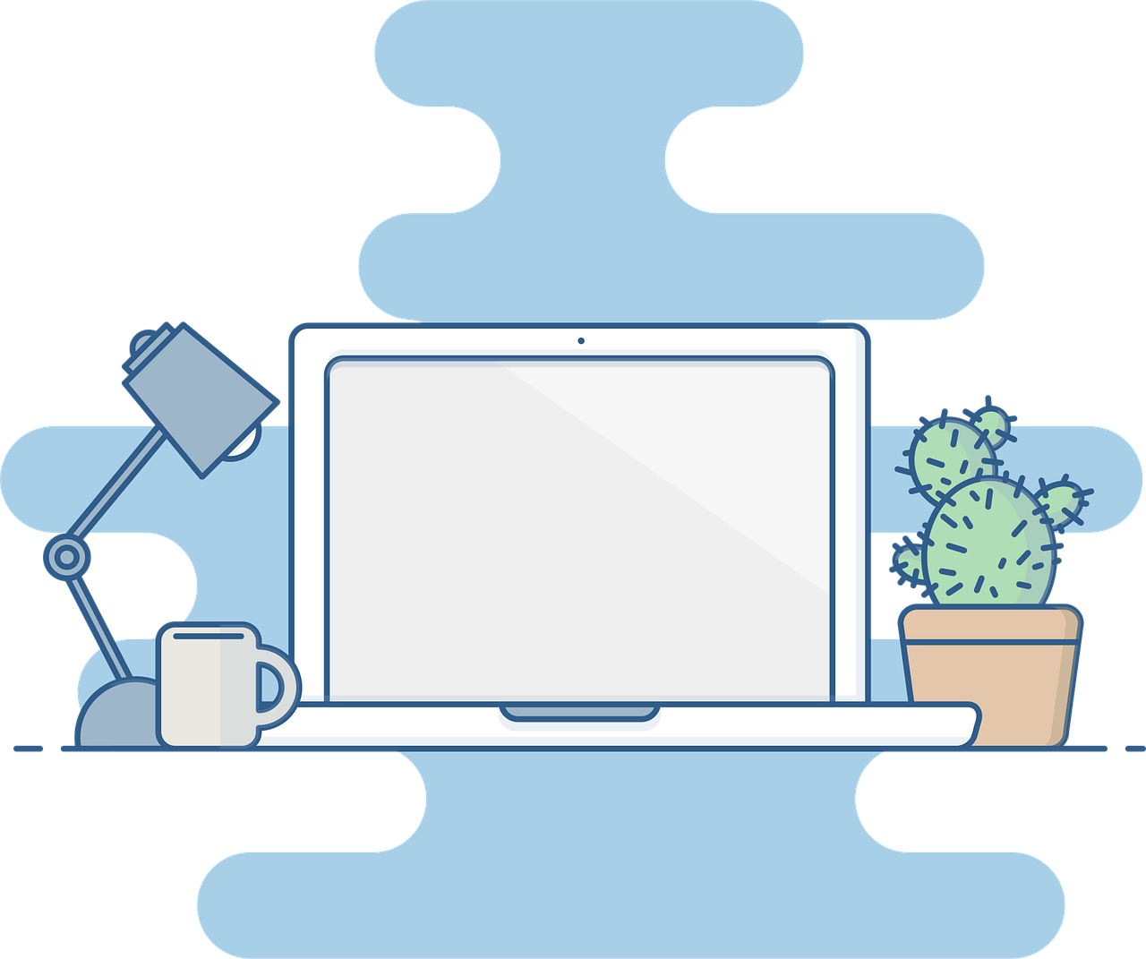 Ilustração em tons de azul de um notebook aberto numa mesa, entre uma luminária, uma caneca e um vaso com cacto
