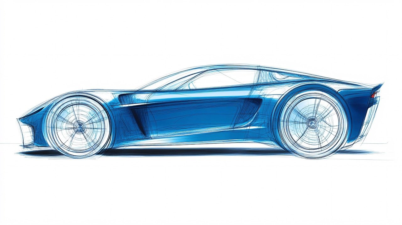 Desenho em traços azuis, sobre fundo branco, da lateral de um carro esportivo baixo de duas portas, com rodas grandes e teto que desce até a traseira
