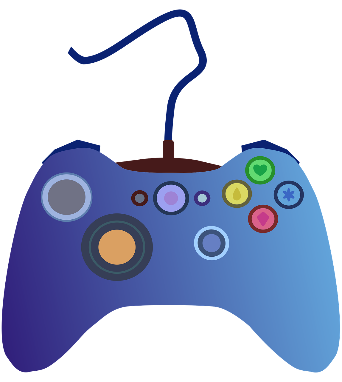 Ilustração de um controle de videogame com fio, em tons de azul e roxo, com botões coloridos