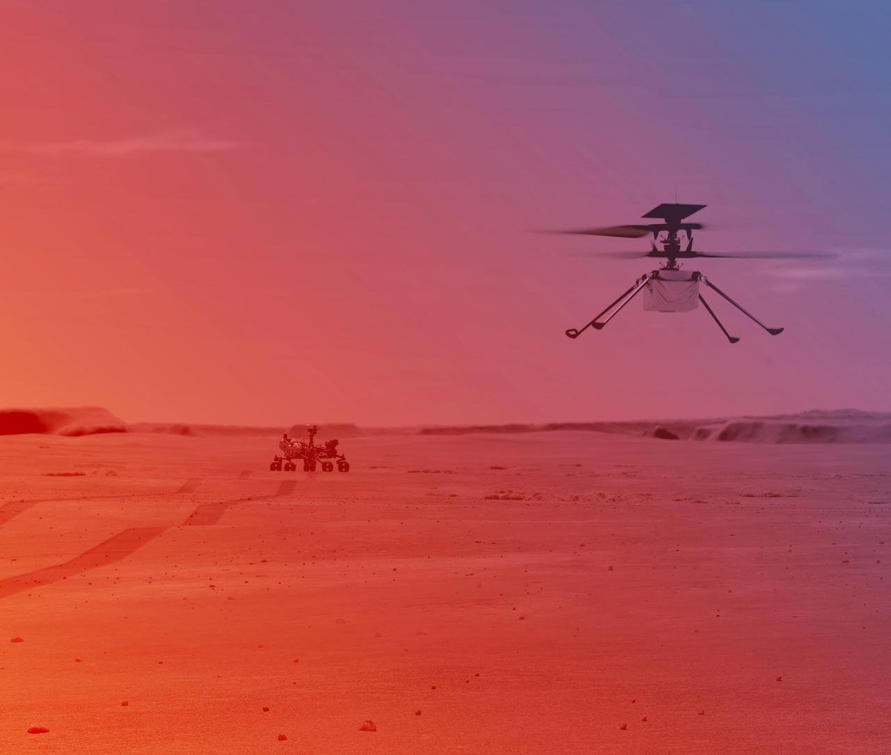 Ilustração do helicóptero Ingenuity voando sobre o solo de Marte, com o rover Perseverance ao fundo, sob um céu avermelhado
