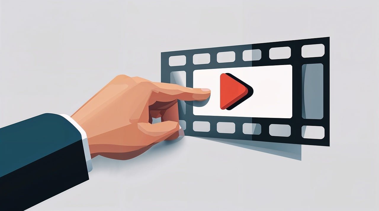 Ilustração de uma mão que toca o botão de play dentro de uma tira de filme