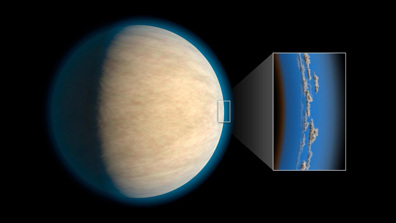 Ilustração de um planeta gigante bege envolto por uma borda azulada contra o fundo preto, com um quadro ampliado mostrando nuvens na borda da atmosfera