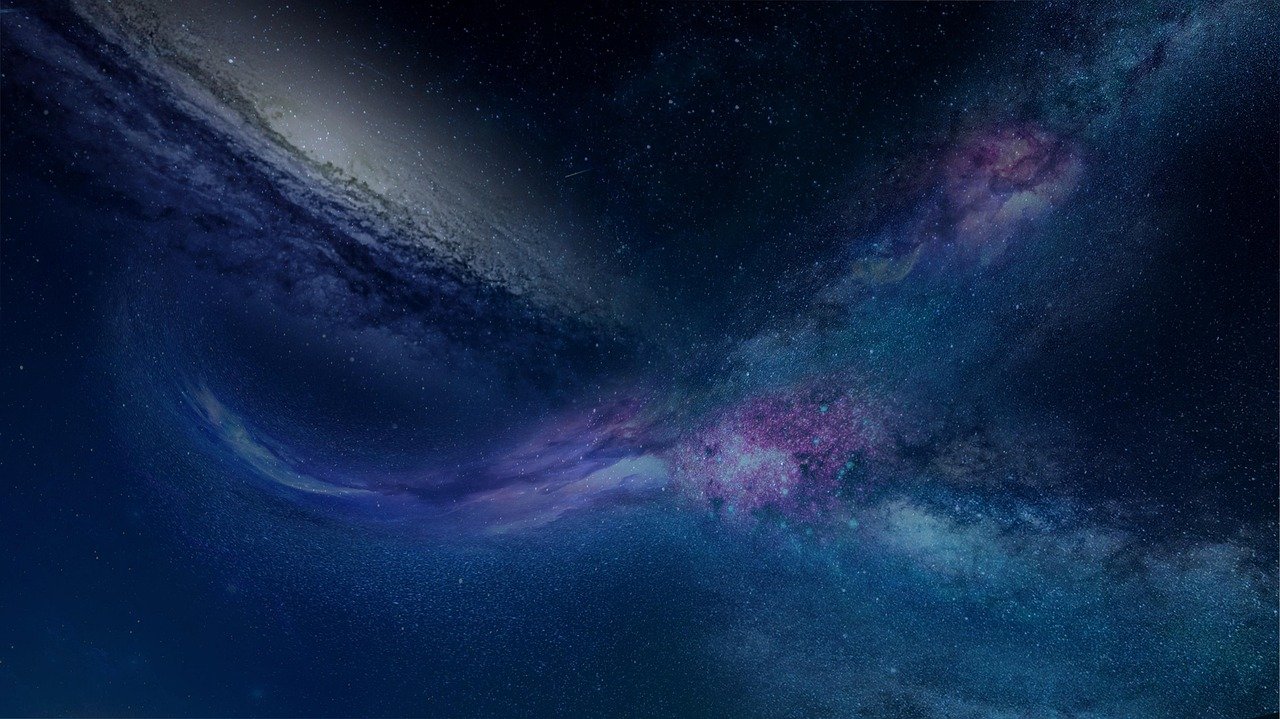 Ilustração de um campo cósmico escuro atravessado por uma faixa de poeira azulada e por nuvens de gás em tons de roxo e rosa, salpicado de estrelas.