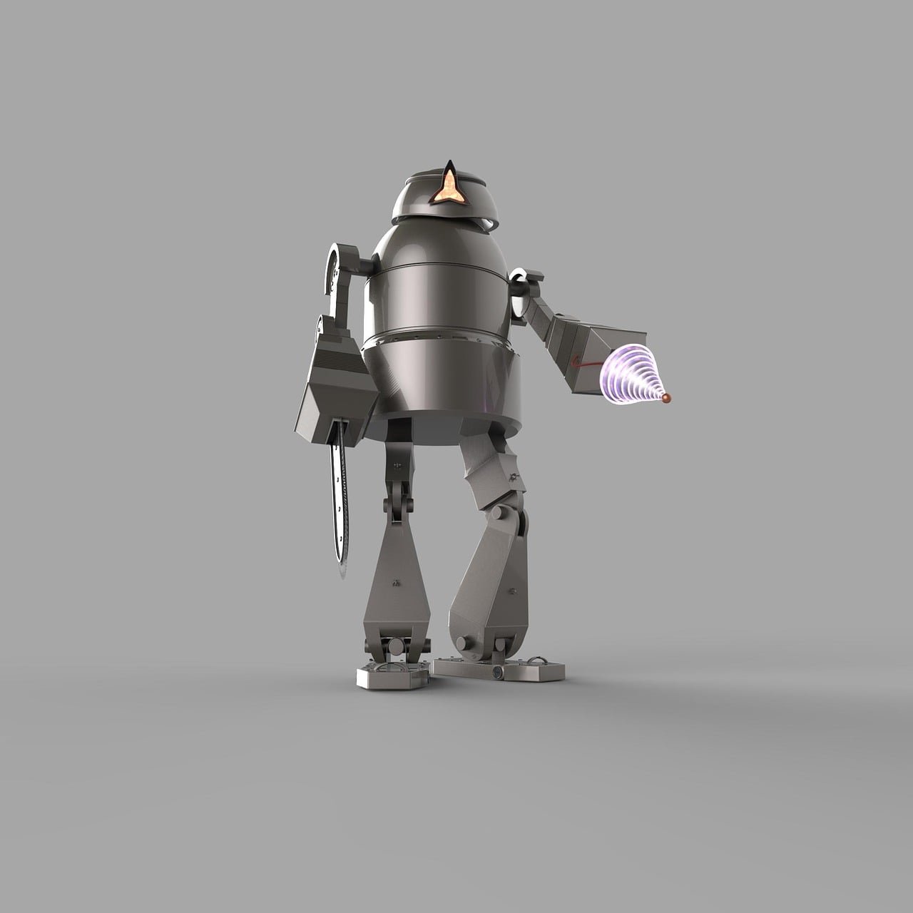 Ilustração 3D de um robô cinza genérico, com pernas articuladas e um braço segurando um objeto luminoso, sobre fundo neutro.