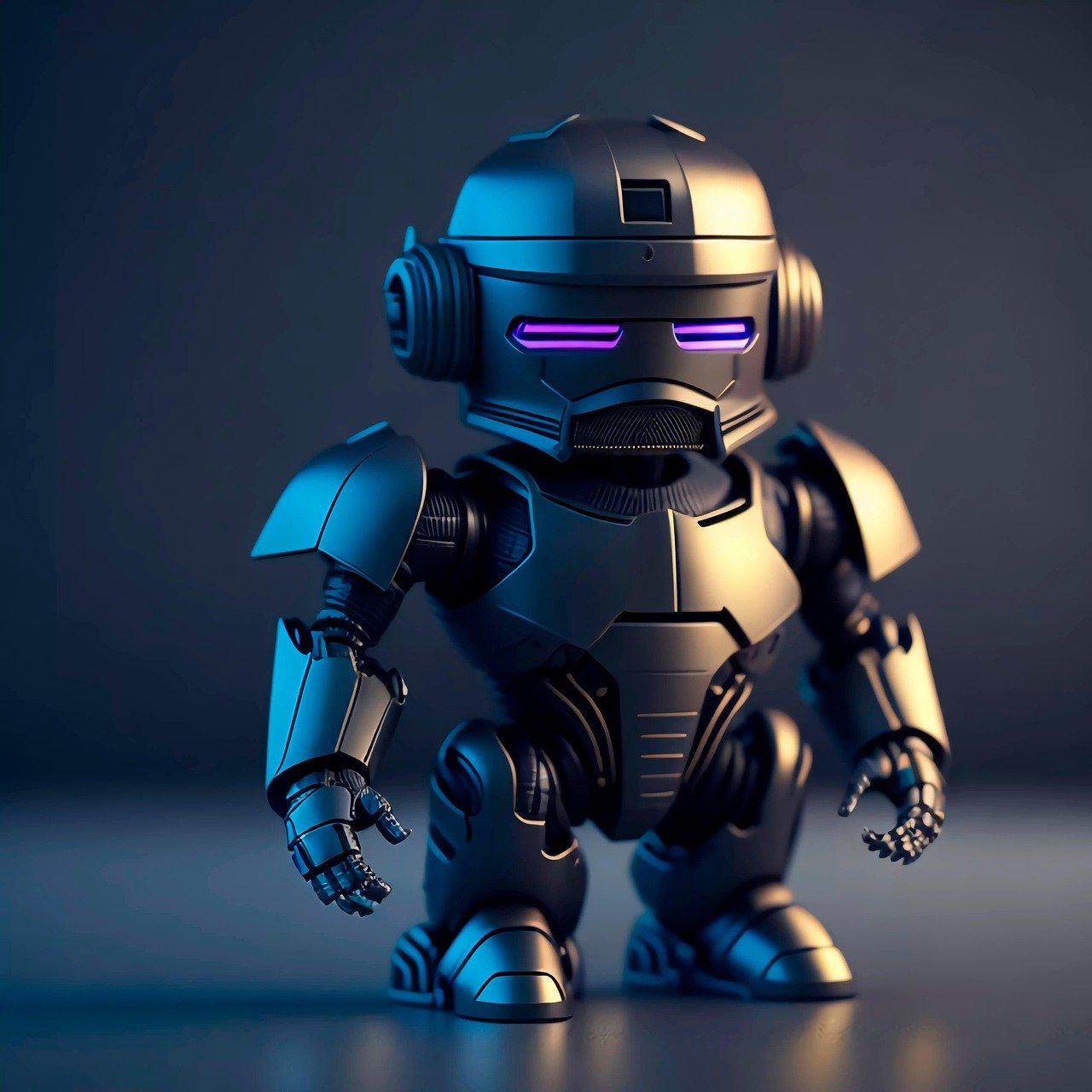 Ilustração 3D de um pequeno robô metálico com olhos roxos iluminados